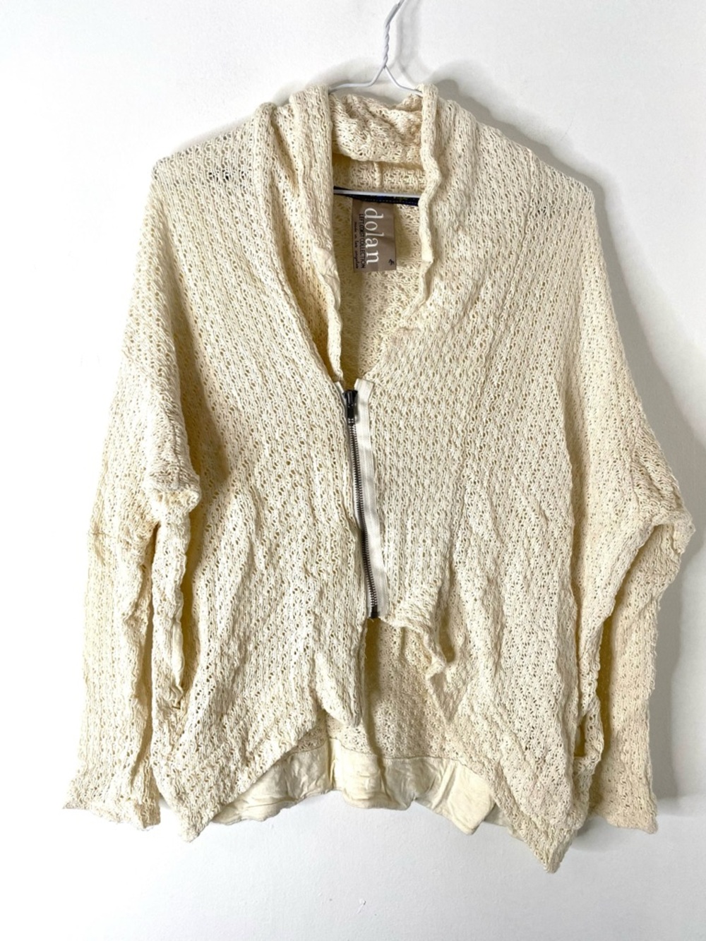 Dolan Left Coast Ivory Crochet Knit Pullover Boho Coastal Oversized Zip Sweater
